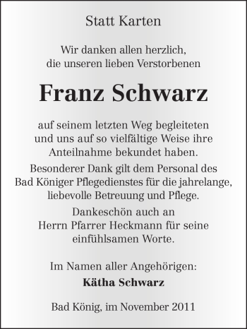 Traueranzeige von Franz Schwarz von Odenwälder Echo