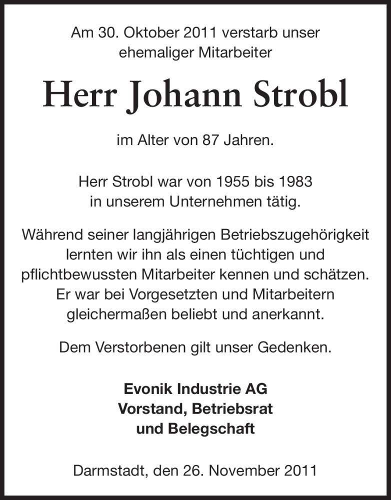  Traueranzeige für Johann Strobl vom 26.11.2011 aus Echo-Zeitungen (Gesamtausgabe)