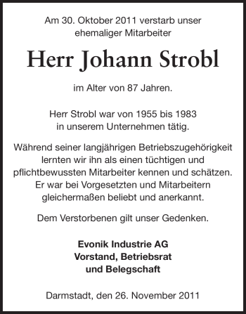 Traueranzeige von Johann Strobl von Echo-Zeitungen (Gesamtausgabe)