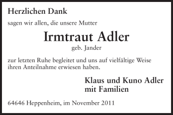 Traueranzeige von Irmtraut Adler von Starkenburger Echo