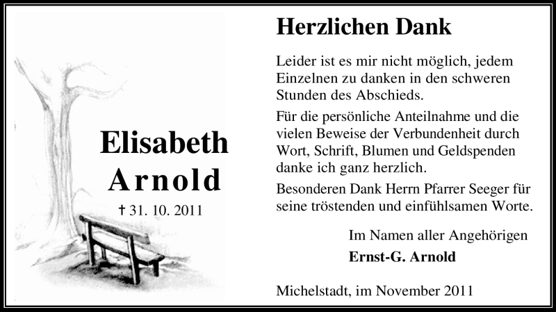  Traueranzeige für Elisabeth Arnold vom 26.11.2011 aus Odenwälder Echo