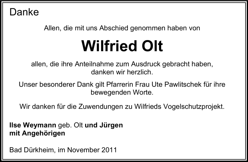  Traueranzeige für Wilfried Olt vom 26.11.2011 aus Odenwälder Echo