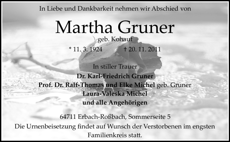  Traueranzeige für Martha Gruner vom 26.11.2011 aus Odenwälder Echo