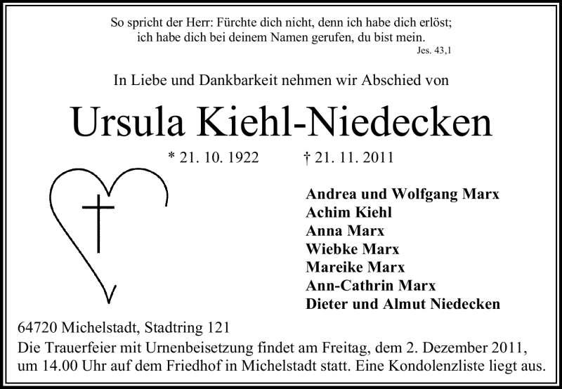  Traueranzeige für Ursula Kiehl-Niedecken vom 26.11.2011 aus Odenwälder Echo