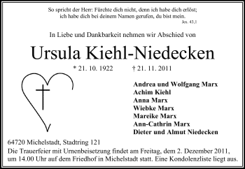 Traueranzeige von Ursula Kiehl-Niedecken von Odenwälder Echo