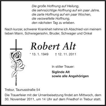 Traueranzeige von Robert Alt von Rüsselsheimer Echo, Groß-Gerauer-Echo, Ried Echo