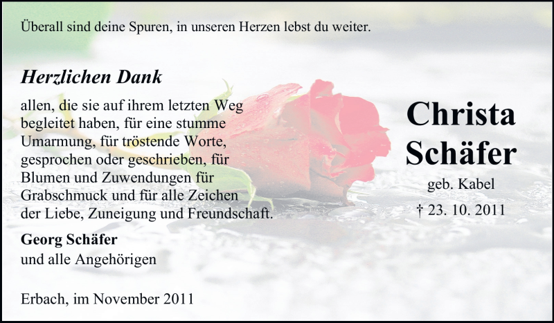  Traueranzeige für Christa Schäfer vom 26.11.2011 aus Echo-Zeitungen (Gesamtausgabe)