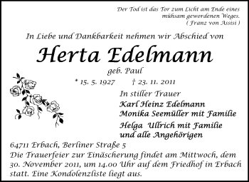 Traueranzeige von Herta Edelmann von Odenwälder Echo