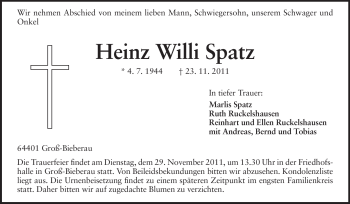 Traueranzeige von Heinz Wili Spatz von Darmstädter Echo, Odenwälder Echo, Rüsselsheimer Echo, Groß-Gerauer-Echo, Ried Echo