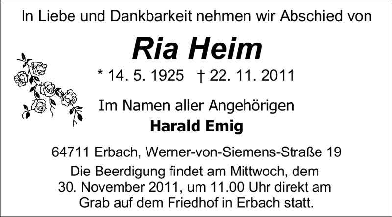  Traueranzeige für Ria Heim vom 28.11.2011 aus Odenwälder Echo