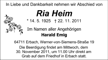 Traueranzeige von Ria Heim von Odenwälder Echo