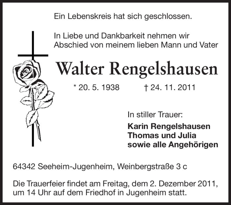  Traueranzeige für Walter Rengelshausen vom 28.11.2011 aus Echo-Zeitungen (Gesamtausgabe)