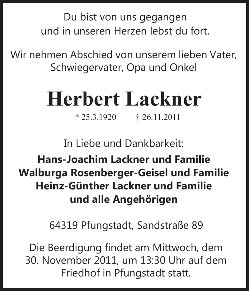  Traueranzeige für Herbert Lackner vom 28.11.2011 aus Echo-Zeitungen (Gesamtausgabe)