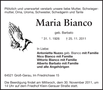 Traueranzeige von Maria Bianco von Rüsselsheimer Echo, Groß-Gerauer-Echo, Ried Echo