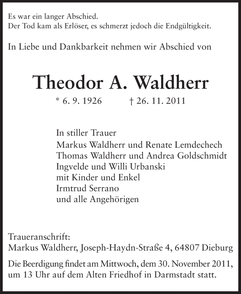  Traueranzeige für Theodor A. Waldherr vom 29.11.2011 aus Echo-Zeitungen (Gesamtausgabe)