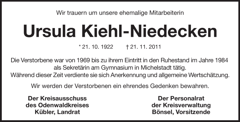  Traueranzeige für Ursula Kiehl-Niedecken vom 29.11.2011 aus Odenwälder Echo