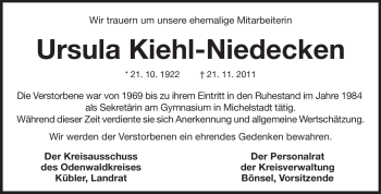 Traueranzeige von Ursula Kiehl-Niedecken von Odenwälder Echo