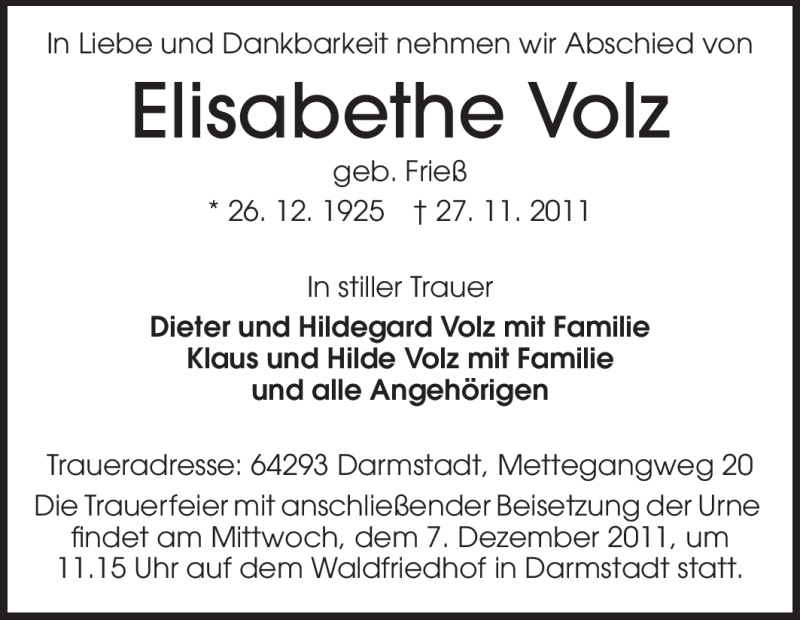  Traueranzeige für Elisabethe Volz vom 03.12.2011 aus Echo-Zeitungen (Gesamtausgabe)