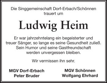 Traueranzeige von Ludwig Heim von Odenwälder Echo