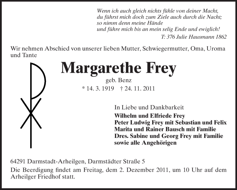  Traueranzeige für Margarethe Frey vom 30.11.2011 aus Echo-Zeitungen (Gesamtausgabe)