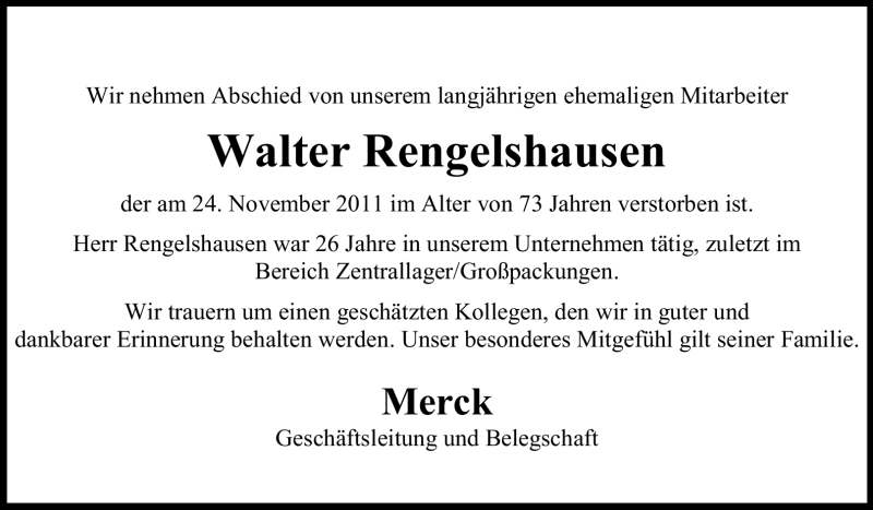  Traueranzeige für Walter Rengelshausen vom 29.11.2011 aus Echo-Zeitungen (Gesamtausgabe)