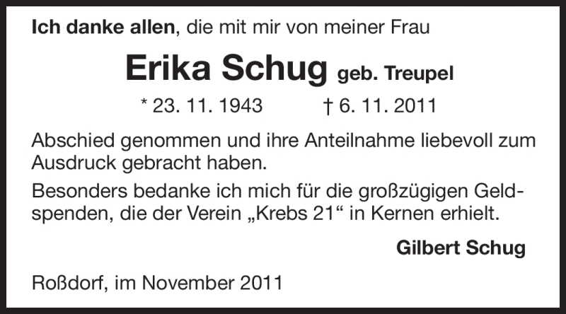  Traueranzeige für Erika Schug vom 29.11.2011 aus Echo-Zeitungen (Gesamtausgabe)