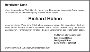 Traueranzeige von Richard Höhne von Darmstädter Echo, Odenwälder Echo, Rüsselsheimer Echo, Groß-Gerauer-Echo, Ried Echo