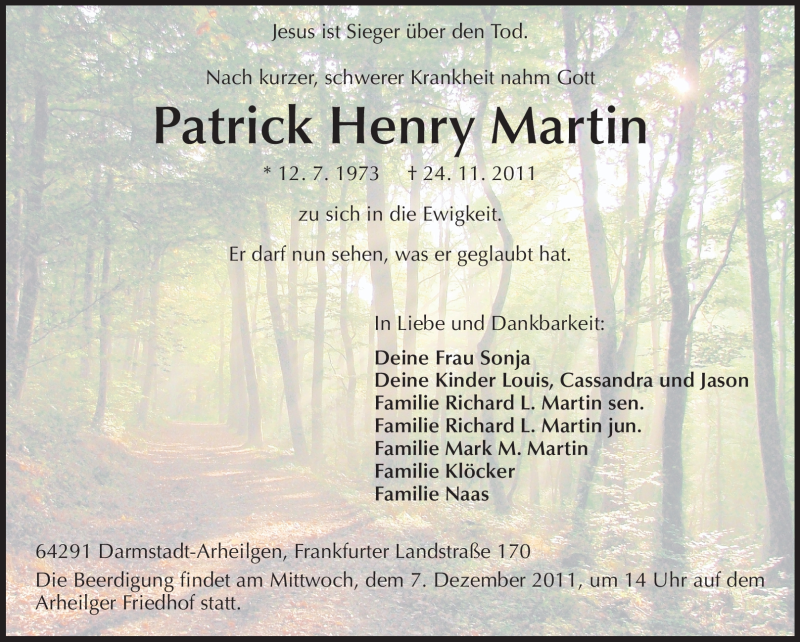  Traueranzeige für Patrick Henry Nartin vom 03.12.2011 aus Echo-Zeitungen (Gesamtausgabe)