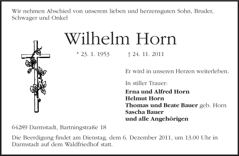  Traueranzeige für Wilhelm Horn vom 03.12.2011 aus Darmstädter Echo, Odenwälder Echo, Rüsselsheimer Echo, Groß-Gerauer-Echo, Ried Echo