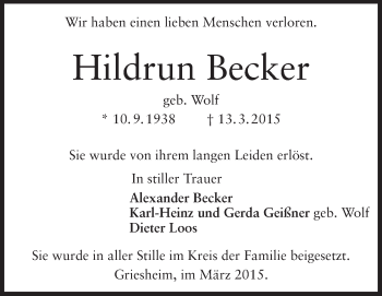 Traueranzeige von Hildrun Becker von Echo-Zeitungen (Gesamtausgabe)