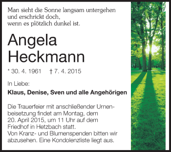 Traueranzeige von Angela Heckmann von Odenwälder Echo