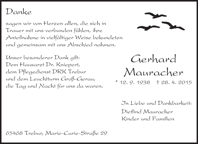  Traueranzeige für Gerhard Mauracher vom 22.05.2015 aus Rüsselsheimer Echo, Groß-Gerauer-Echo, Ried Echo