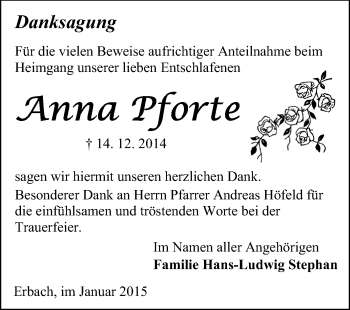 Traueranzeige von Anna Pforte von Odenwälder Echo
