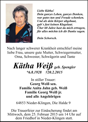 Traueranzeige von Kätha Weiß von Echo-Zeitungen (Gesamtausgabe)