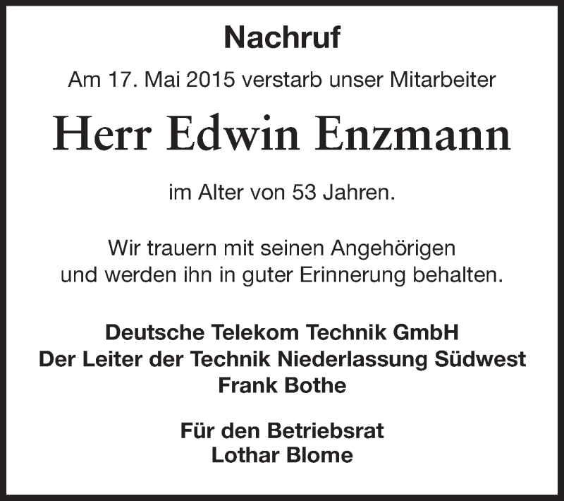  Traueranzeige für Edwin Enzmann vom 20.05.2015 aus Echo-Zeitungen (Gesamtausgabe)