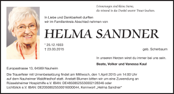 Traueranzeige von Helma Sandner von Rüsselsheimer Echo, Groß-Gerauer-Echo, Ried Echo