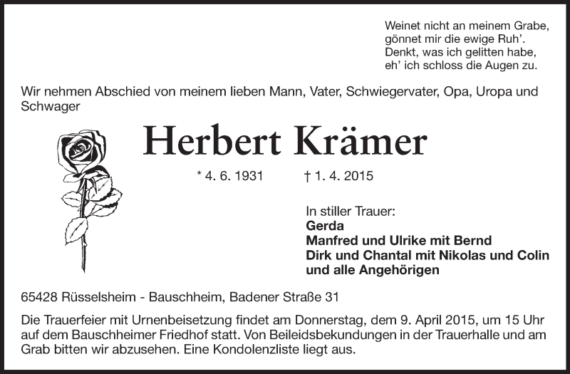  Traueranzeige für Herbert Krämer vom 07.04.2015 aus Rüsselsheimer Echo, Groß-Gerauer-Echo, Ried Echo