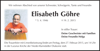 Traueranzeige von Elisabeth Göhre von Echo-Zeitungen (Gesamtausgabe)