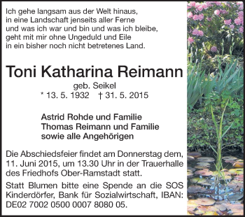 Traueranzeige von Toni Katharina Reimann von Darmstädter Echo, Odenwälder Echo, Rüsselsheimer Echo, Groß-Gerauer-Echo, Ried Echo