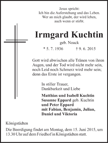 Traueranzeige von Irmgard Kuchtin von Rüsselsheimer Echo, Groß-Gerauer-Echo, Ried Echo
