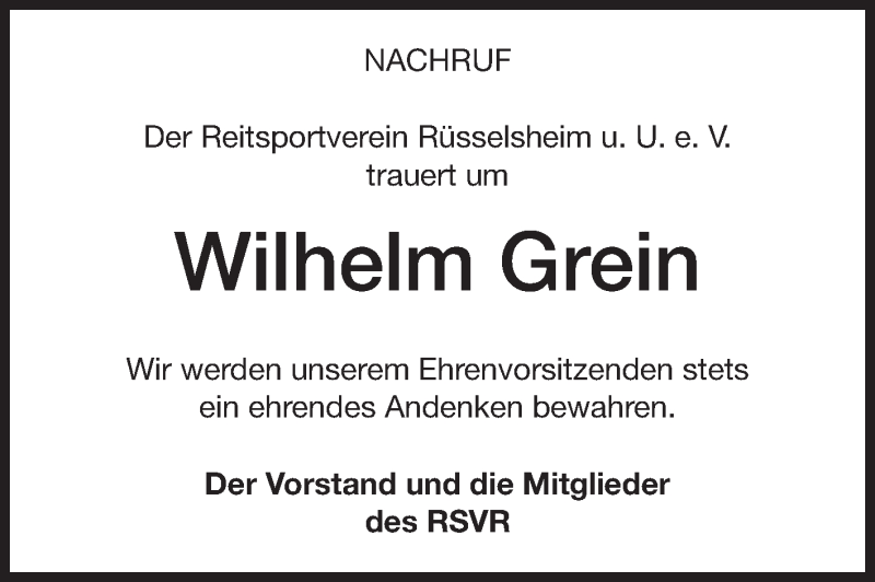  Traueranzeige für Wilhelm Grein vom 16.04.2015 aus Rüsselsheimer Echo, Groß-Gerauer-Echo, Ried Echo