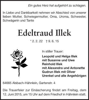 Traueranzeige von Edeltraud Illek von Echo-Zeitungen (Gesamtausgabe)