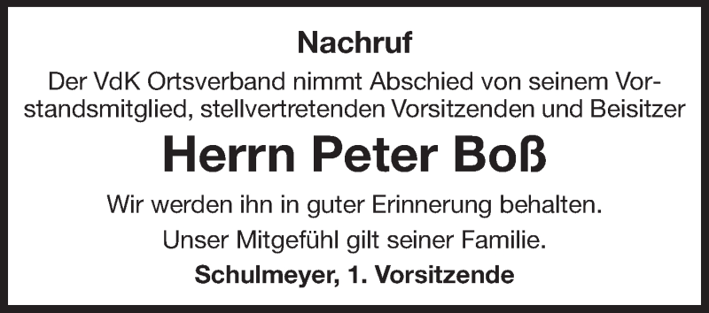  Traueranzeige für Peter Boß vom 13.02.2015 aus Rüsselsheimer Echo, Groß-Gerauer-Echo, Ried Echo
