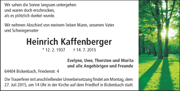 Traueranzeige von Heinrich Kaffenberger von Echo-Zeitungen (Gesamtausgabe)
