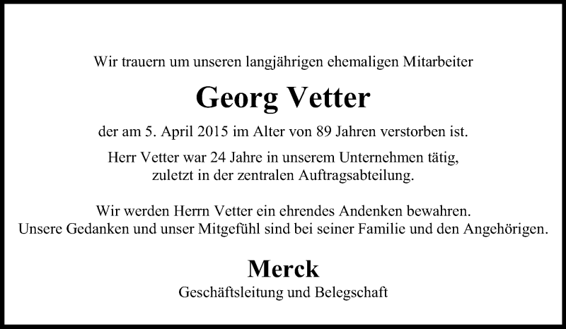  Traueranzeige für Georg Vetter vom 21.04.2015 aus Echo-Zeitungen (Gesamtausgabe)