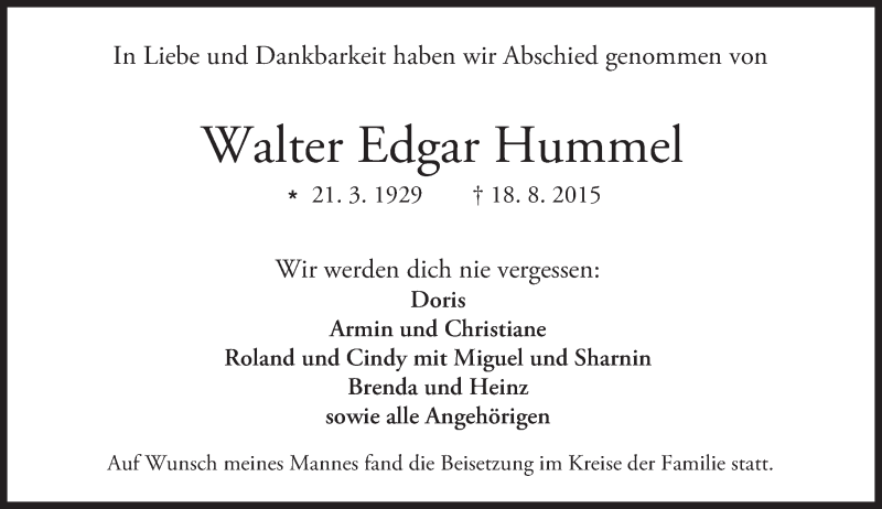  Traueranzeige für Walter Edgar Hummel vom 29.08.2015 aus trauer.echo-online.de