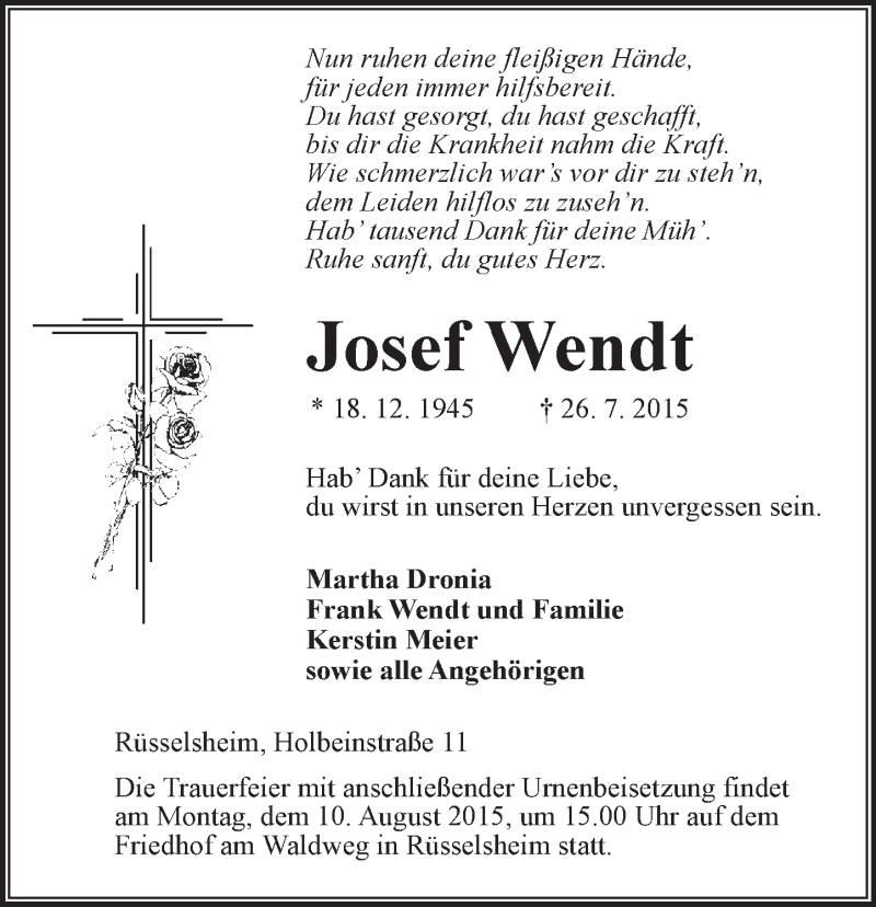  Traueranzeige für Josef Wendt vom 01.08.2015 aus trauer.echo-online.de