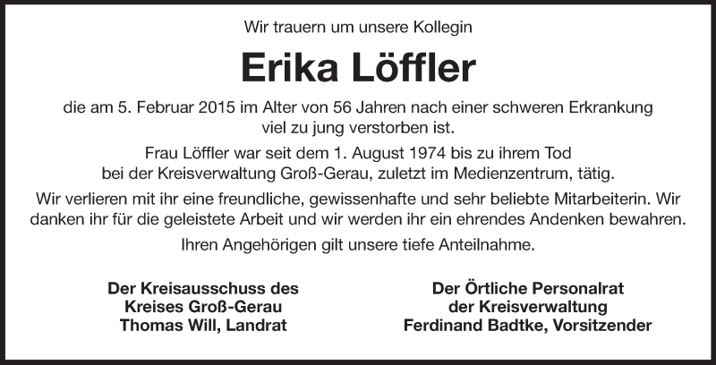  Traueranzeige für Erika Löffler vom 13.02.2015 aus Rüsselsheimer Echo, Groß-Gerauer-Echo, Ried Echo