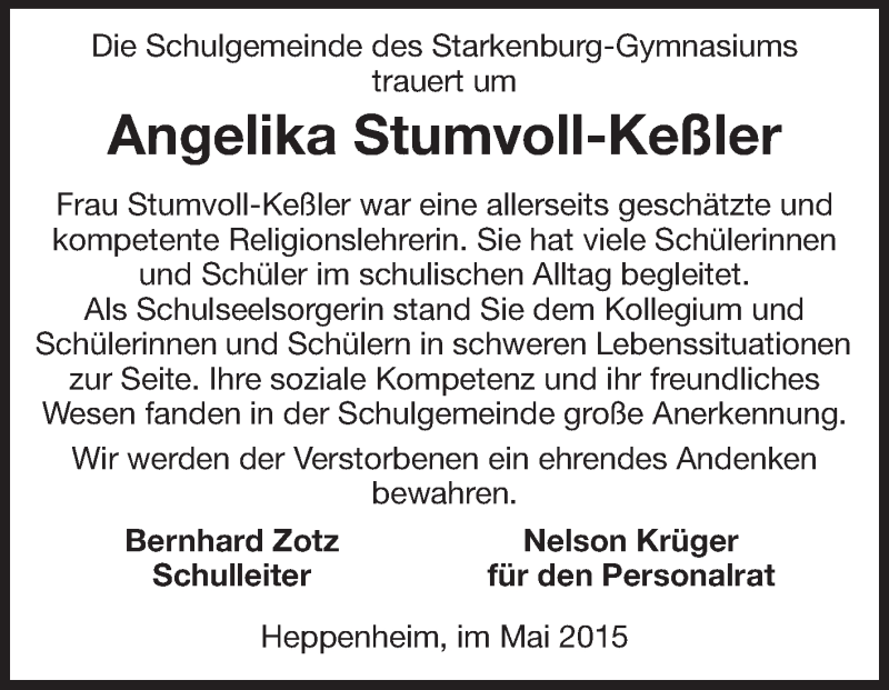  Traueranzeige für Angelika Stumvoll-Keßler vom 19.05.2015 aus Starkenburger Echo