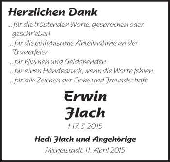 Traueranzeige von Erwin Flach von Odenwälder Echo